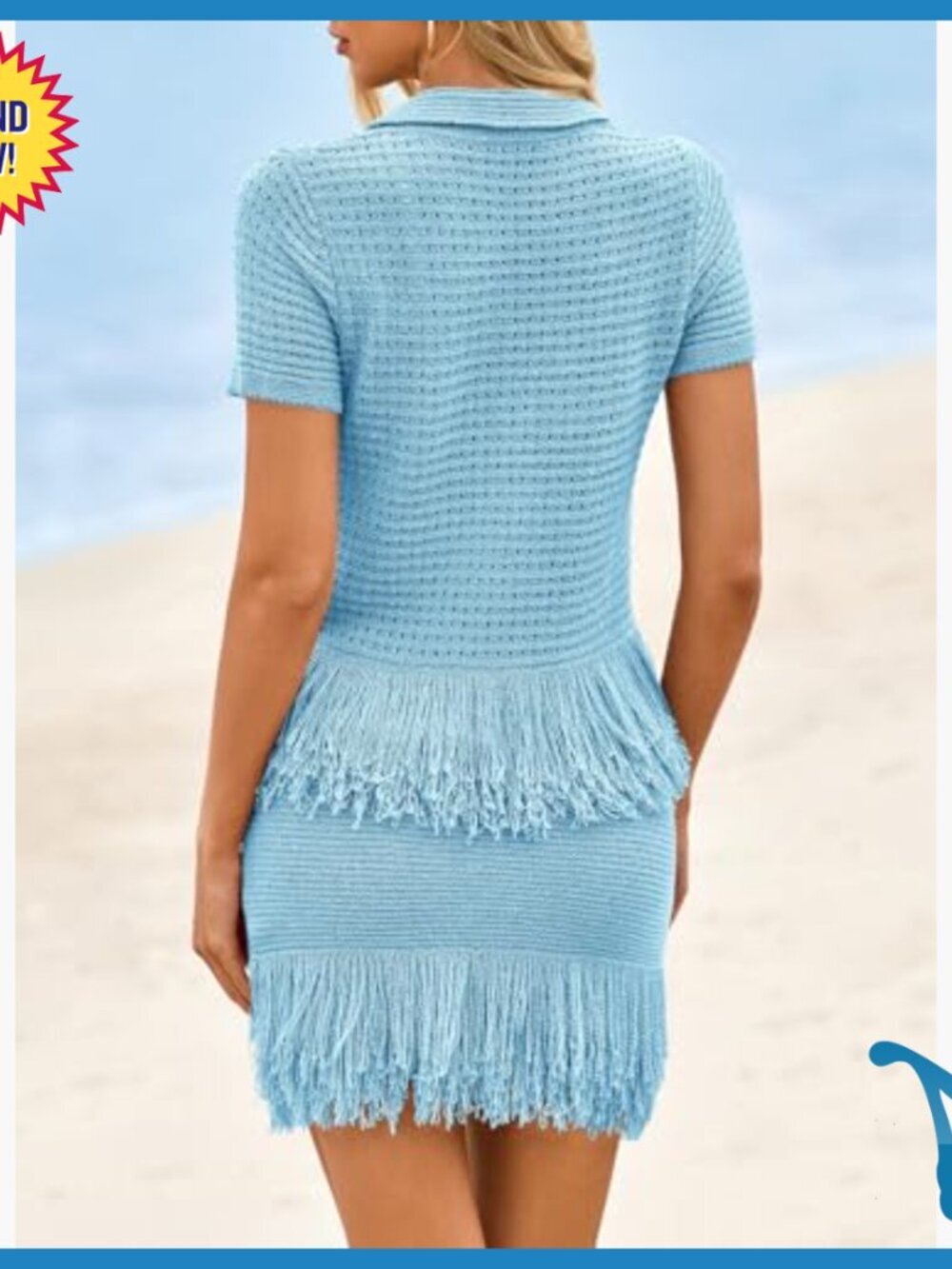 Crochet Button Sweater Fringe Skirt Set Summer Beach Cover Up - Picture 5 of 7